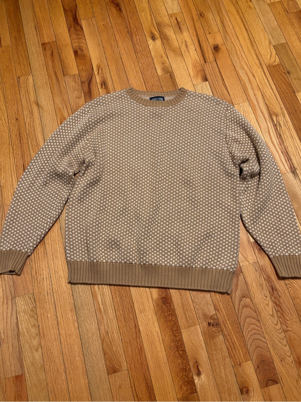 Vintage Lands End  Tan and Cream Textured Crewneck Sweater Heavy 100% Cotton